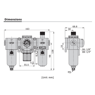 GTC20008LNWTK AIRTAC SMALL FRL ASSEMBLY<BR>GTC200 SERIES 1/4" NPT P-FILT, REG, LUB 20-58 PSI 5 MIC NO GA W/ INT CHK